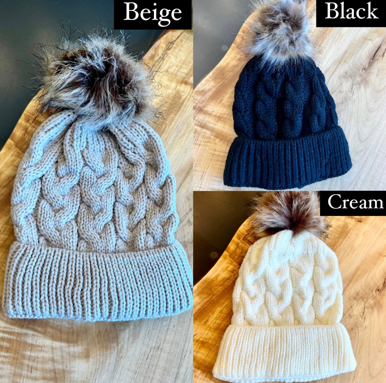 Cable Knit Faux Fur Pom