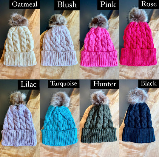 Cable Knit Faux Fur Pom